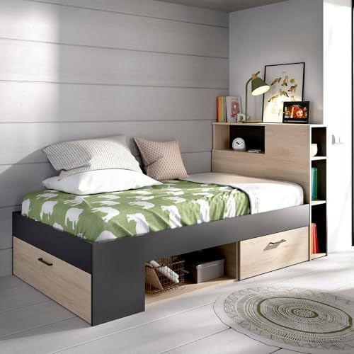 Dmora - Lit Enfant Crystal, Lit pour Chambre avec tête de lit, Cadre de lit Simple avec tiroir et étagères, 218x99h96 cm, Chêne et Anthracite