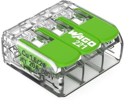 WAGO Green Range 221-423 - Morsetto a 3 conduttori, fino a 4 mm², morsetti di collegamento a 3 poli con leva, per tutti i tipi di conduttori, 50 pezzi