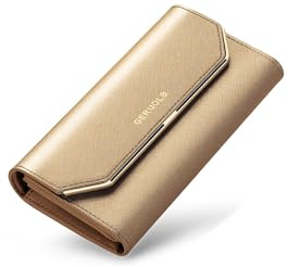 PORRASSO Geldbeutel Damen Leder Geldbörse RFID Schutz Large Portemonnaie Minimalistisch Lange Brieftasche Gold