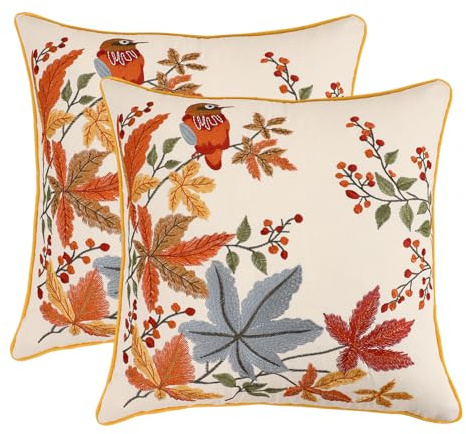Tosleo Juego de 2 fundas de almohada bordadas de 18 x 18 pulgadas, diseño vintage de pájaros con hojas de arce, fundas de almohada decorativas de verano y otoño, fundas de almohada cuadradas florales