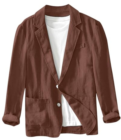 DGHM Men's Casual Regular Fit Lightweight Linen Blazer Jacket Stylish Two Button Suit Jackets Thin Linen Blazer Loose Versatile Notched Lapel(Coffee,S)