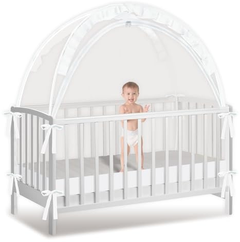 Crib Tent to Keep Baby from Climbing Out, Crib Net to Keep Baby in - Mesh Climbing Prevention, Pop Up Tent with Two-Way Self-Locking Metal Zipper (White, Large)