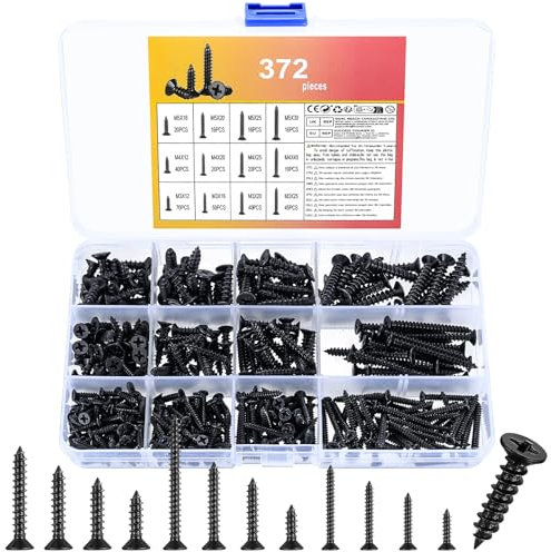 372 STK M3 M4 M5 Schrauben Set, Selbstschneidende Schrauben Schwarze Holzschrauben Set, Edelstahl Flachkopf Spanplattenschrauben Set, Kreuzschlitz Senkkopfschrauben Sortiment für Kunststoff Metall