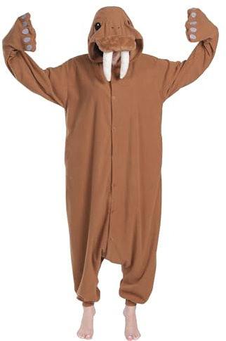 sazpajacos Pijama Morsa Divertido Animal Ropa de Dormir Lindo Dibujos Animados Disfraz de Morsa Adulto Navidad Halloween de Cosplay, Marrón XL
