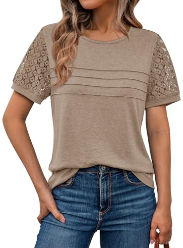 AUTOMET Short Sleeve Shirts for Women Summer Tops 2026 Spring Fashion Dressy Casual Outfits Lace Trendy Top Cute Work T Shirt Business Vacation Clothes Blouses Khaki XL