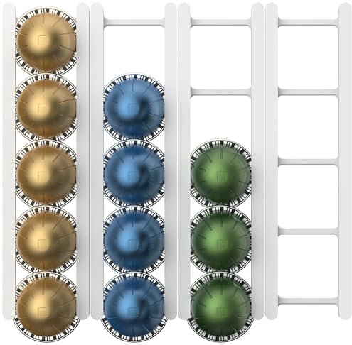 KUSOVILI Adhesive Coffee Capsule Holder for Nespresso VertuoLine, Holds 20 Capsules - Wall or Cabinet Mounted Stand with Strong 3M Strips, Vertical or Horizontal Mount (White, Adhesive)