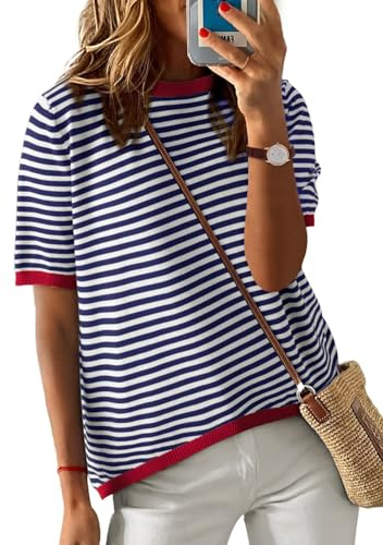 PASUDA Magliette Donna Estive Manica Corta T-Shirt Casual Girocollo a Righe Maglietta Elegante Comodi Larghe Maglia Donna Moda Basic Camicia Tee Tops (Marino, M)