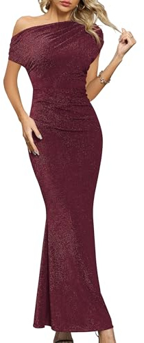 Missufe Vestido de noche para mujer, vestido de cóctel, vestido largo de boda, festivo, elegante, maxi sirena bodycon con un hombro, granate, XL