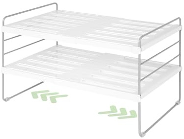 Huquter Adjustable Cupboard Organiser, 26-41cm Extendable Spice Rack | Extendable Kitchen Shelf, for Cupboards, Plates, Cups, Bottles and Spices, Kitchen Countertop Storage