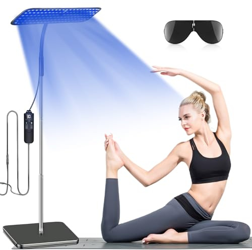 Solarium pour la maison, lampe de bronzage portable de 50 W avec lunettes de soleil, lampe de bronzage avec socle escamotable, 225 perles de thérapie à la lumière bleue 460 NM + 490 NM, bronzant pour