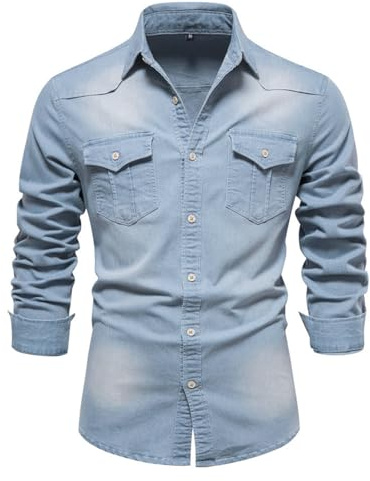 Aunribor Denimskjortor för män normal passform bomull långärmad skjorta med knappar vardaglig vardagskläder klassisk topp vår höst