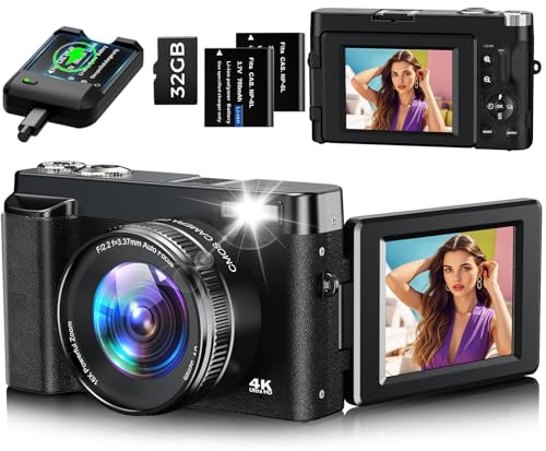 Digital Camera, 4K 48MP Autofocus Compact Digital Camera with 32G Memory Card 16X Digital Zoom, Vlogging Camera with 3.0 inch 180° Flip Screen and Charging Station for Teenagers, Beginners（Black）