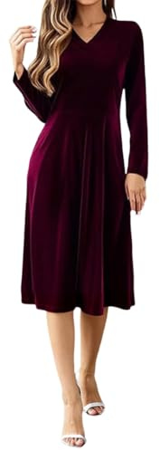 Minetom Femme Velours Robe Longue Automne Hiver Elegant Col en V Couleur Unie Manches Longues A-Line Soirée Fête Cocktail Dress A Violet L