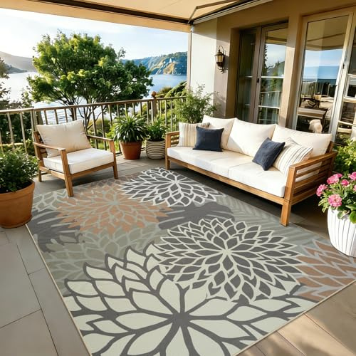 Homcomodar Outdoor Rug 120x170cm Jute Rugs Living Room Washable Indoor Outdoor Rug Living Room Non-Slip Flower Garden Rug for Patio Balcony Deck Living Rooms Kitchen Bedroom (Brown)