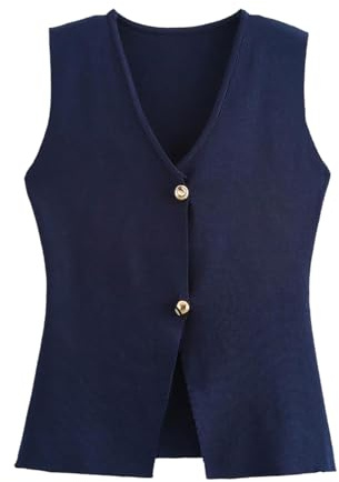 Generico Gilet Donna Moda Bottoni Su Maglia Vest Top con Dettagli Dorati per Look Elegante e Moderno(Navy, S)