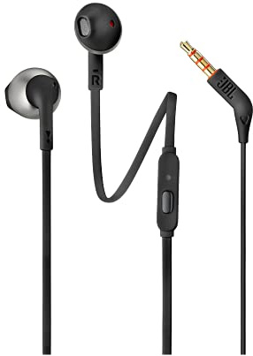 JBL Tune 205 Kopfhörer mit Kabel und Mikrofon, flaches Kabel, Einhandbedienung, ergonomisch, weiche Hülle, 3,5 mm Klinke, Pure Bass Sound, Schwarz