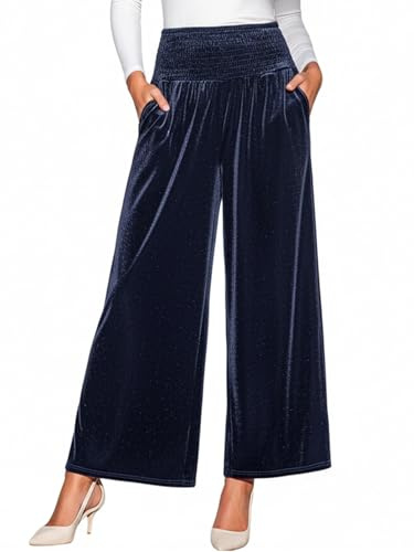 CUPSHE Women Velvet Trousers High Elastic Waist Wide Leg Palazzo Trouser Pants Dressy Velour with Pockets Navy Blue M