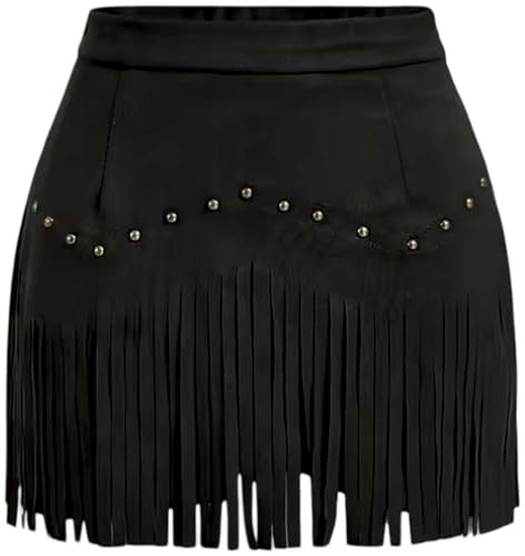 Womens Rivet Tassel High Waist Vintage Fringe Skirt, Western Boho A-Line Skirts for Party, Festival & Casual Wear Black