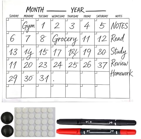 Calendrier mural mensuel, papier avec marqueurs et aimants, calendrier mensuel sans année - Pour enseignants, étudiants, adolescents, famille, couples, salle à manger et appartement