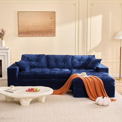 Litbird Canapé d'angle 3 Places avec méridienne, canapé Convertible canapé-lit Relax sans Montage, Grand canapé en Tissu côtelé pour Salon spacieux (Bleu Marine)