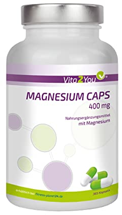 Vita2You Magnesium Caps 365 Kapseln - 400mg - reines Magnesium pro Kapsel - ohne Zusätze - Hochdosiert - Jahrespackung - Premium Qualität - Made in Germany