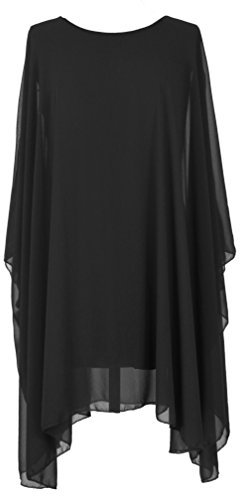 TEXTURE Ladies Womens Italian Lagenlook Batwing Sleeve Flowy Chiffon Kaftan Tunic Top Blouse Dress One Size Plus UK 14-22 (Black, One Size)