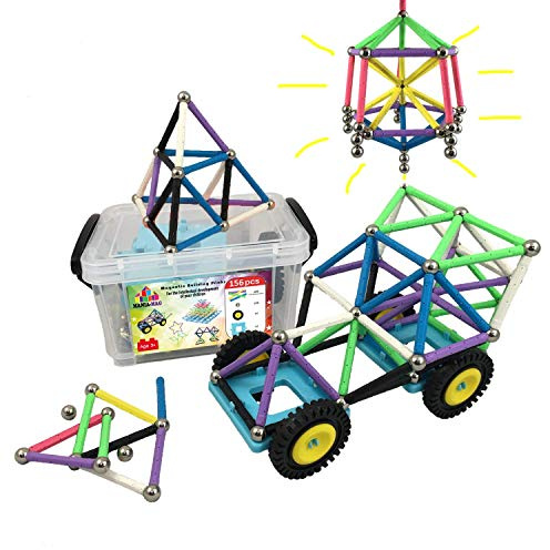 MerCie Blocs Construction magnétiques | 156 pcs: bâtons XXL avec aimants puissants, Billes Acier, Roues Voiture + Boite de Rangement Plastique│Jouet d'assemblage créatif pour Enfants de 3 Ans et +