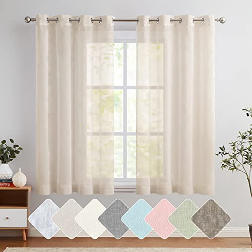 TOPICK Cortinas de Gasa con Ojales Transparente Cortina Aspecto de Estilo Moderno Bistro Casa Campo Salón Dormitorio Rústico para Ventana Beige Clara Juego de 2 Unidades 140 x 160 cm