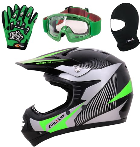Zorax ZOR-X19 Green L (53-54cm) PREDATOR Kids Motorbike Motocross MX Helmet ECE 2206 & Gloves L (7cm) & Goggles & Balaclava