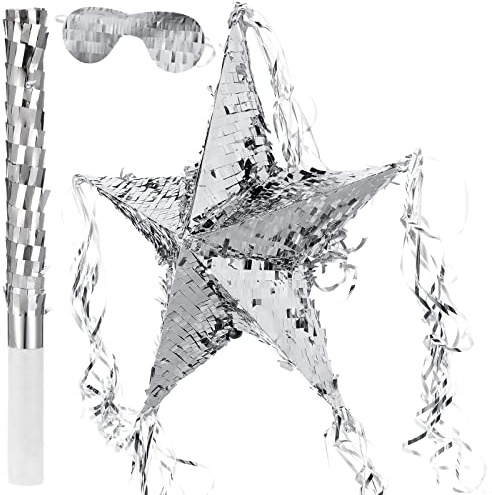Foil Star Piñata with Blindfold and Bat for Birthday Foldable Star Shape Piñata with Stick Festive Fiesta Party Supplies Favors for Mexican Party(Silver)