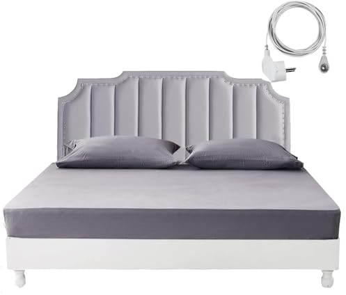 HUNAIGEE Erdungs-Spannbetttücher 200x200 Erdungsbettlaken Erdungslaken mit EU-Erdungsanschlusskabel Spannbettlaken Baumwolle Silberfase Erdungsblech für besseren Schlaf Grau