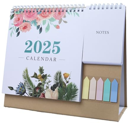 Tischkalender 2025, Schreibtischkalender Desktop Monatskalender mit Mini Notizen und farbigen Etiketten, Hochwertiges Papier, To-Do-Liste, Urlaubskennzeichnung und Top 3 Aufgaben, Englische Version