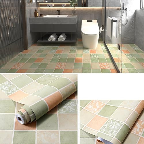 PVC Bodenbelag Selbstklebende 2m², Bodenaufkleber,Wasserfeste Bodenaufkleber,Rutschfeste Bodenaufkleber für Eingangstür,Wohnzimmer,Küche,0.4 * 5m,Mehrere Muster (Kariert, Grün)