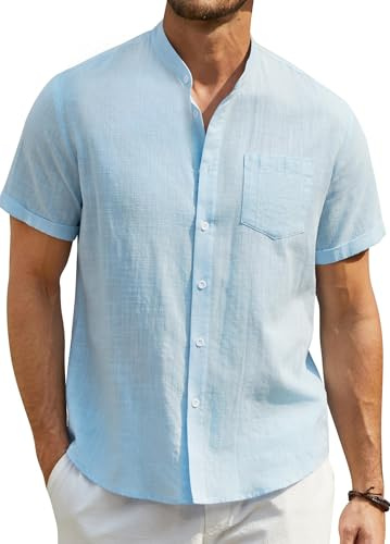ENLISION Linneskjortor för män kortärmad vardaglig bomull morfar krage skjorta för män Button down sommar Becah Henley tröja toppar, A-ljusblå, S