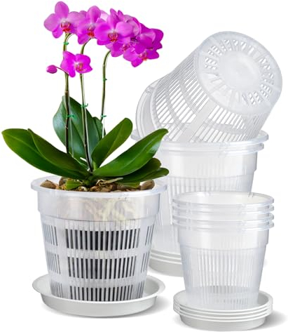 IWTTWY Clear Orchid Pot, 8 PCS Plastic Plant Pots with Drainage Hole and Tray, House Plant Pots Nursery Pots for Orchid Repotting Kit, Seed Seedling Pots for Root Growing (14cm/16cm)