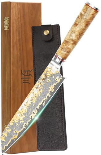 YOUSUNLONG Kiritsuke Kochmesser - 210mm Japanische Kupfer Damaszener Stahl Klinge - Rasiermesserscharfes Küchenmesser - Handgemachtes Kochmesser - Naturel Burl Holzgriff mit Leder