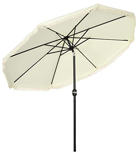 Outsunny Parasol de jardin Parasol droit inclinable rond Ø 268 cm avec franges tissu polyester haute densité anti-UV mât démontable 8 baleines, crème