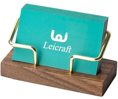 Leicraft Business Card Holder for Desk, Modern Card Organizers and Office Desk Accessories for Men and Women (Walnut Golden)