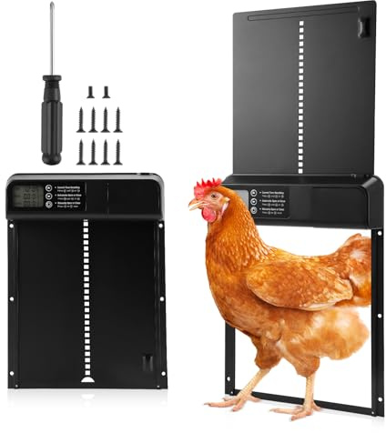 Porta Automatica Pollaio, Lega di alluminio Porta Pollaio Automatico con Timer e Display LED, Porta di Pollaio Automatico con IP45 Impermeabile e Alimentato a Batteria