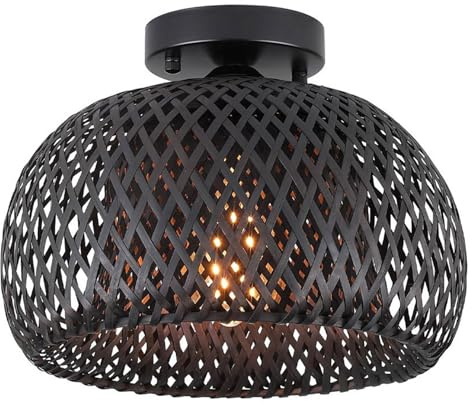 Ventilateur de Plafond encastré en rotin de Style bohème, luminaires Boho, luminaire en Bambou à Montage au Plafond(Noir)