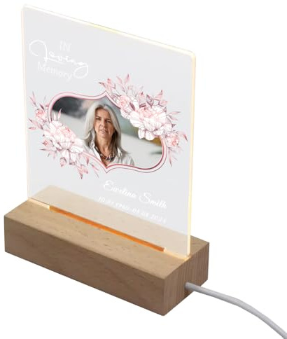 ukgiftstoreonline Personalised Photo Memorial Lamp Night Light Condolence Sympathy Gift with Rose Gold Floral