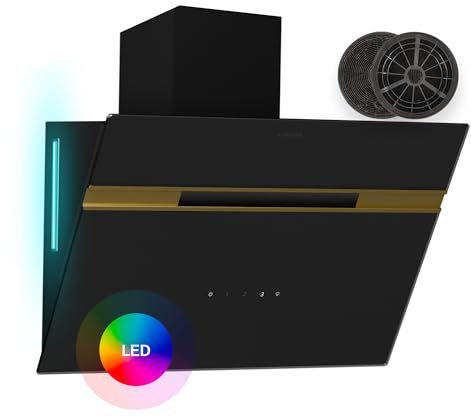 Klarstein Alina hotte aspirante - 60 cm hotte murale, 600 m³/h, éclairage LED 9 couleurs, tactile, classe énergétique A, 52 dB, noir-doré, convertible en mode recirculation