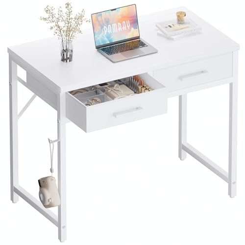 Pamray 32 Inch Small Computer Desk with 2 Drawers for Bedroom Study Writing Home Office Table for Small Spaces White