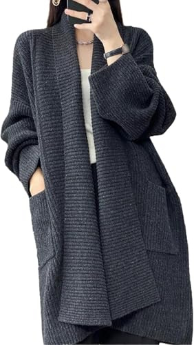 Suncadmious Cardigan oversize primaverile da Donna lungo cardigan largo a maniche lunghe spesso in maglia con collo a scialle risvolto a maniche lunghe cardigan giacca (Grigio,Taglia unica)