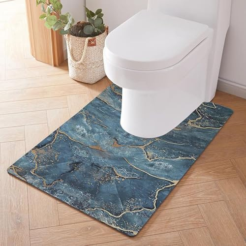 Treer Bath Mat Non Slip, Marble Pattern Diatomite Toilet Mat U Shape, Absorbent Pedestal WC Toilet Rug Quick Dry for Bathroom Floor, Washable Easy to Clean (Blue,60 * 90cm)
