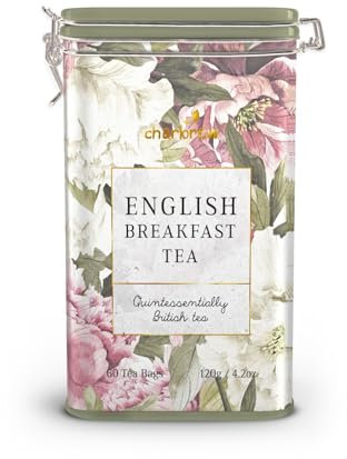 Charbrew Spring Floral English Breakfast Metal Tea Tin Caddy Gift – 60 Teabags Black Tea Blend