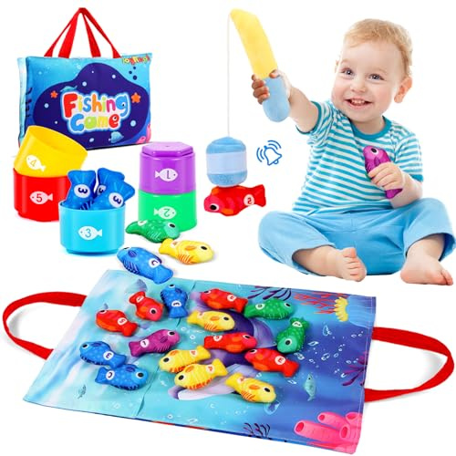 GOLXUWO Juguetes Montessori Juego Pesca de Tela - 20 Piezas con 15 Peces, Cubos Apilables y Bolsa, Educativos para Bebes 6-12 Meses/Niños 1-2 Años, Regalo de Cumpleaños