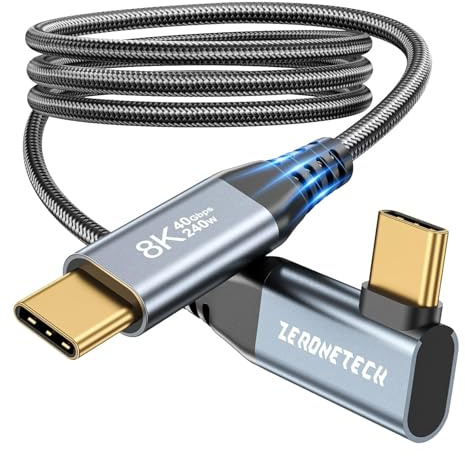 ZeroneTeck USB4 avec Câble Thunderbolt 4 1.5M, 8K@60Hz HDR Video, Coudé 90 Degrés Câble de Données 40Gbps, 240W 48V/5A USB C vers USB C Charge Rapide