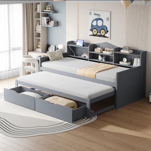 ECLIVON Sofa Cama Infantil 90x200 con USB y Cama Extensible, Cama Nido 90x190 Dos Camas con 2 Cajones y Estanterias Almacenaje, Camas Infantiles Individual con Láminas, Sin Colchón (Gris)