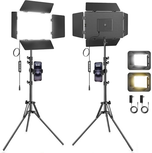 Scrhot 2 Pack LED Video Light with Barndoor, 30W Photography Lighting with Tripod Stand, 3000Lux CRI 98+ 2500K-8500K Studio Light Podcast Lighting for Video Recording, Game Live Streaming, Vlogging